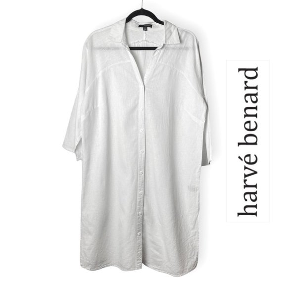 Harve Benard White Long Linen Tunic Button Down Dress Shirt - Picture 1 of 10